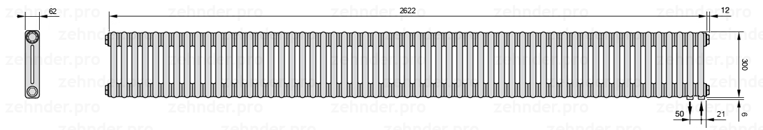 Схема (чертеж) Радиатор Zehnder Charleston 2030/57 №5510 Белый глянцевый RAL 9016